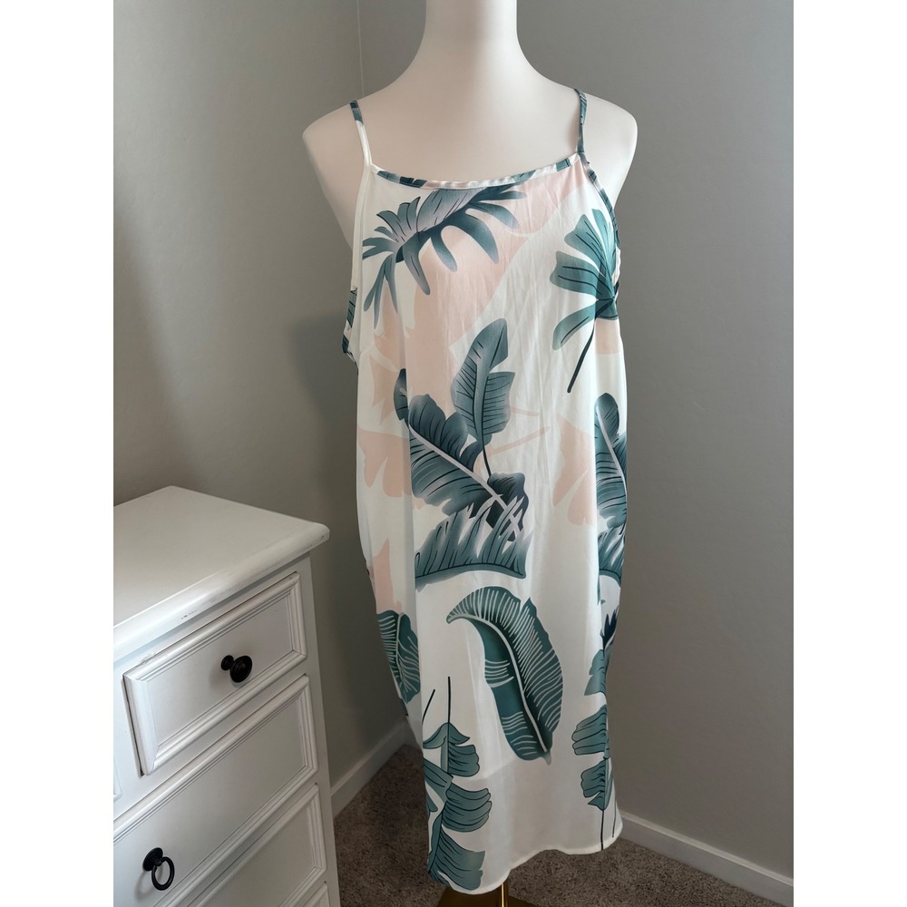 Tropical Leaf‎ Print Slip Dress Green Pink White Summer Vacation Mini Dress